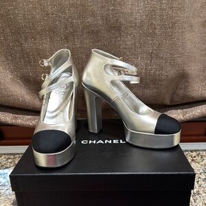 CHANEL Silver and Black Platform Heels Mary Jane’s